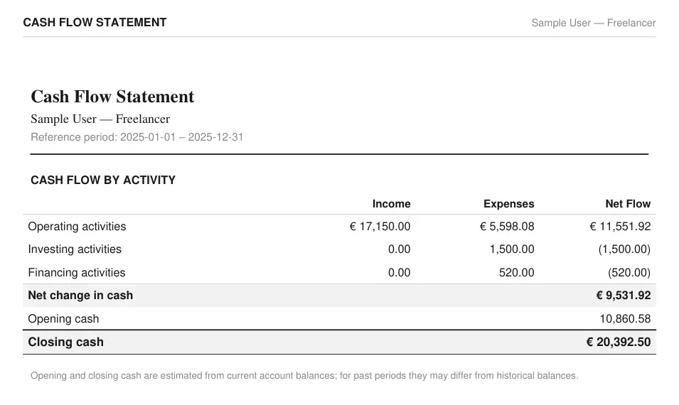 The Cash Flow Statement generated from the demo data: income, expenses and net flow for operating, investing and financing activities, with opening and closing cash