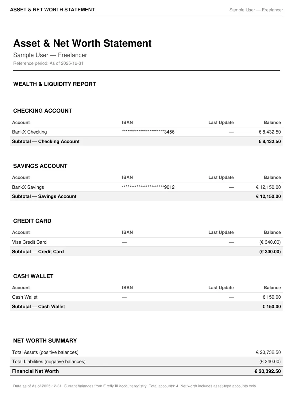 The Asset & Net Worth Statement generated from the demo data: balances grouped by checking, savings, credit card and cash accounts, and a net worth summary