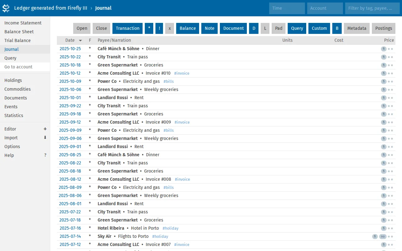 Fava&rsquo;s Journal page listing generated transactions with payee, narration and tags such as invoice, bills and holiday